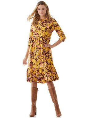 Scoop Plus Size Dress Mustard Yellow With Burgundy Floral 3X